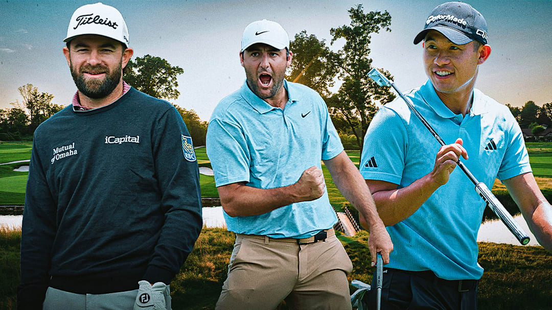 Cameron Young (left), Scottie Scheffler (center), and Collin Morikawa (right) are among the picks to win the PGA Championship. 