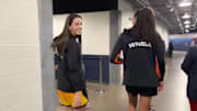 Caitlin Clark chats with fellow team captain Napheesa Collier ahead of the 2025 WNBA All-Star Game in Indianapolis.