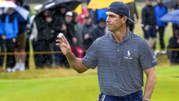 Rain man: Horschel shot a 69 in brutal conditions to grab the solo lead.