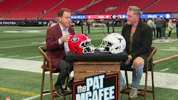 Nick Saban speaks to Pat McAfee on 'The Pat McAfee Show' at Mercedes-Benz Stadium in Atlanta ahead of the 2024 SEC championship game.
