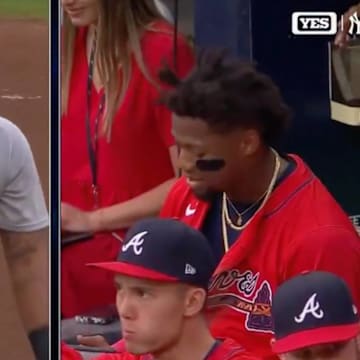 New York Yankees rookie third baseman Jorbit Vivas reacts to getting tagged out by Atlanta Braves' Ronald Acuna Jr. in a brutal double play.