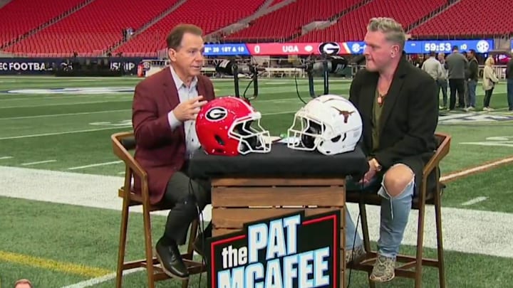 Nick Saban speaks to Pat McAfee on 'The Pat McAfee Show' at Mercedes-Benz Stadium in Atlanta ahead of the 2024 SEC championship game. Nick Saban speaks to Pat McAfee on 'The Pat McAfee Show' at Mercedes-Benz Stadium in Atlanta ahead of the 2024 SEC championship game.