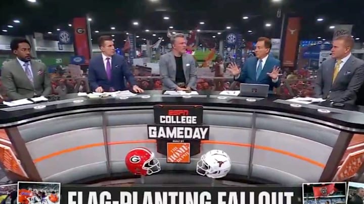 Nick Saban speaks to his College GameDay colleagues in Atlanta ahead of the Georgia-Texas SEC championship game.