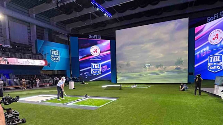 Billy Horschel demonstrates a shot on the TGL's massive simulator. Billy Horschel demonstrates a shot on the TGL's massive simulator.