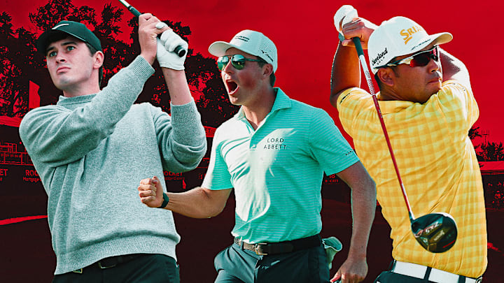 Davis Thompson (left), Ben Griffin (center) and Hideki Matsuyama (right) are among the top picks to win the Rocket Classic this week. 