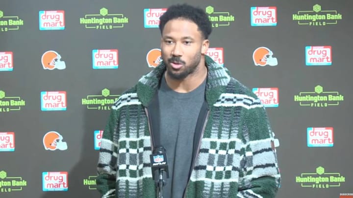 Myles Garrett spoke to the media about his elusive sack record after the Browns beat the Steelers in Week 17. Myles Garrett spoke to the media about his elusive sack record after the Browns beat the Steelers in Week 17.