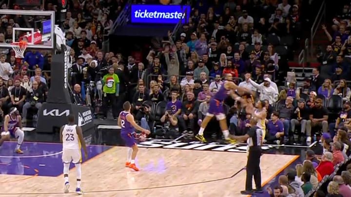 Suns' Dillon Brooks received a flagrant foul for hitting Warriors' Steph Curry while contesting Curry's three-pointer in Thursday's game.