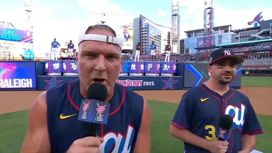 ESPN personality Pat McAfee introduces Cal Raleigh of the Seattle Mariners before the 2025 Home Run Derby. | Screengrab on Twitter/ @JomboyMedia