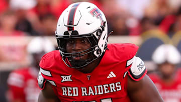 Texas Tech's David Bailey prepares to rush the Arkansas-Pine Bluff offene during a non-conference football game, Saturday, August 30, 2025, at Jones AT&T Stadium.