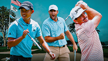 Collin Morikawa (left), Scottie Scheffler (center) and Keegan Bradley (right) are among the outright betting picks to win this week's U.S. Open at Oakmont. 