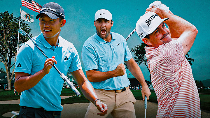 Collin Morikawa (left), Scottie Scheffler (center) and Keegan Bradley (right) are among the outright betting picks to win this week's U.S. Open at Oakmont. 