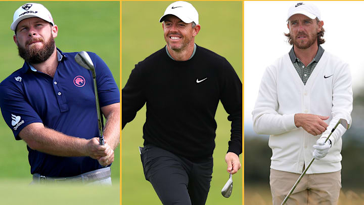 Tyrrell Hatton, Rory McIlroy and Tommy Fleetwood (left to right) are among SI Golf's choices to hoist the Claret Jug.