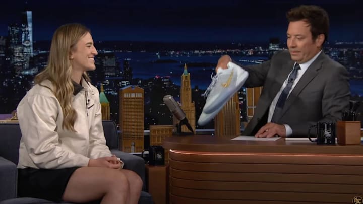 New York Liberty star Sabrina Ionescu introduces her unreleased signature Nike shoes on "The Tonight Show Starring Jimmy Fallon."