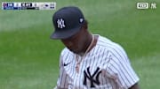 New York Yankees' Jazz Chisholm reacts after overthrowing to first in Saturday's game against the Chicago Cubs.