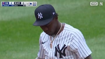 New York Yankees' Jazz Chisholm reacts after overthrowing to first in Saturday's game against the Chicago Cubs.