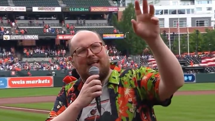 Dan Deacon performs the national anthem at a Baltimore Orioles game.
