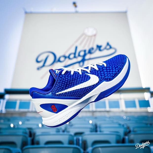 Kobe Bryant's blue and white Nike sneakers at Dodger Stadium.