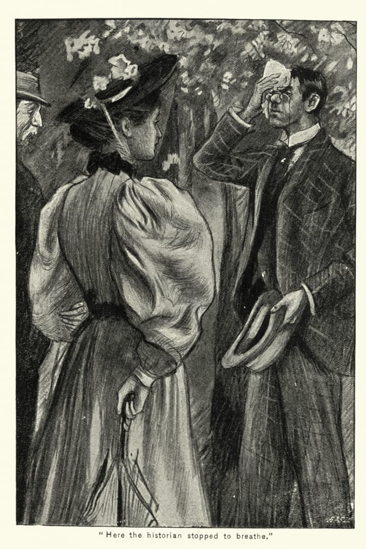 victorian man blots sweat in front of a lady