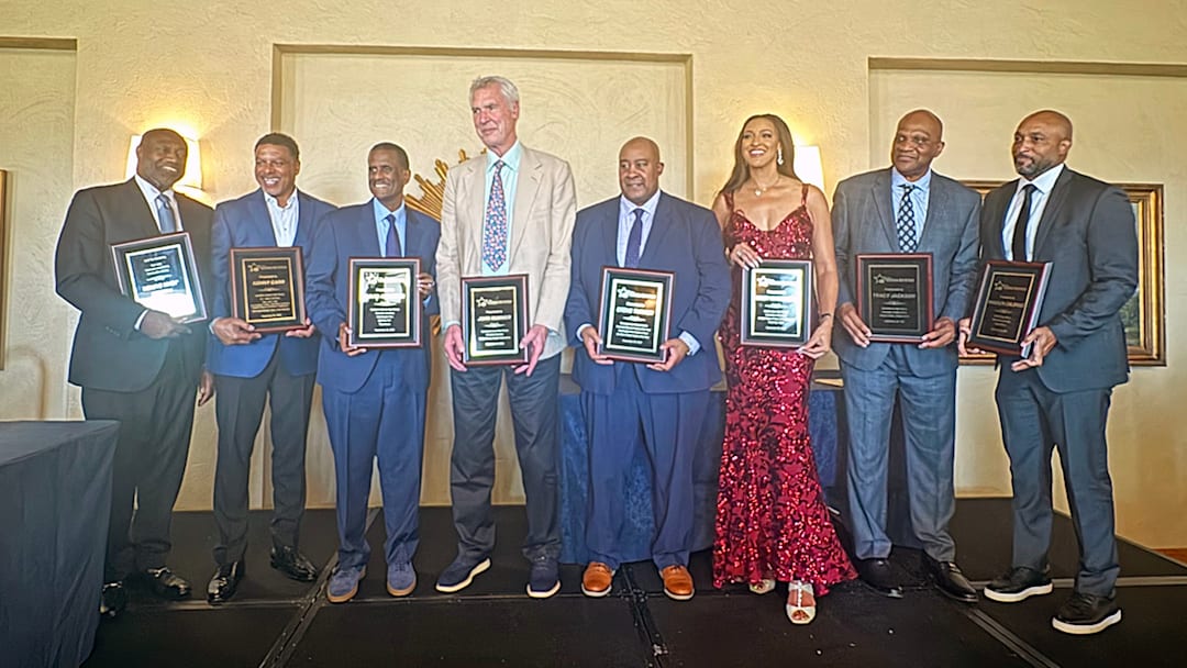 (From left) John Duren, Kenny Carr, David Aldridge, John Hummer, Steve Turner, Christy Winters-Scott, Tracy Jackson and Randolph Childress were all part of the 2025 induction class for the Washington Metropolitan Basketball Hall of Fame.