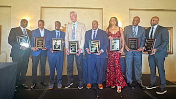 (From left) John Duren, Kenny Carr, David Aldridge, John Hummer, Steve Turner, Christy Winters-Scott, Tracy Jackson and Randolph Childress were all part of the 2025 induction class for the Washington Metropolitan Basketball Hall of Fame.