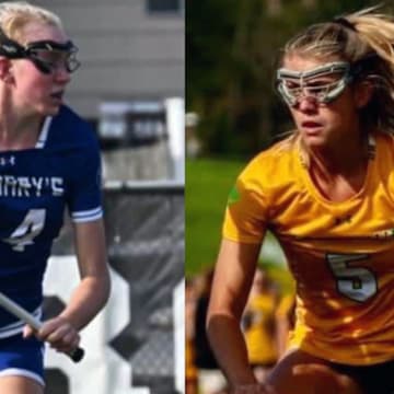 Currently IAAM lacrosse rivals, Maddie Mitchell of St. Mary's (left) and Payton Van Zile of Bryn Mawr will soon be teammates at the U.S. Naval Academy.