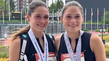 Herbst twins, Makenna and Morgan pose together after the USATF U20 championships in June 2024.