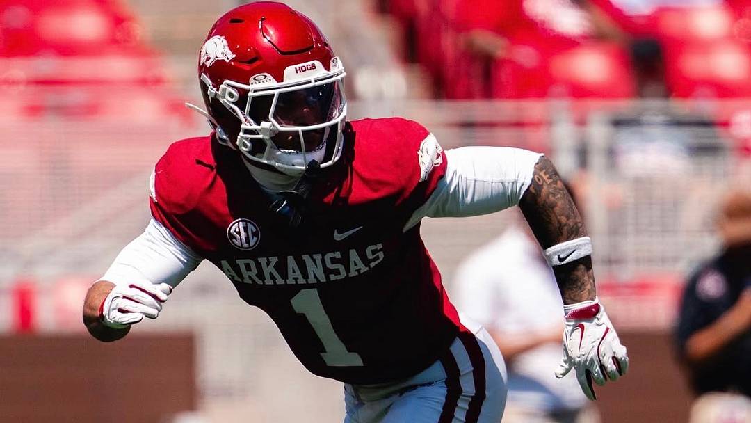 Arkansas Razorbacks defensive back Christian Harrison drops in coverage during the team's Red-White Spring Game.
