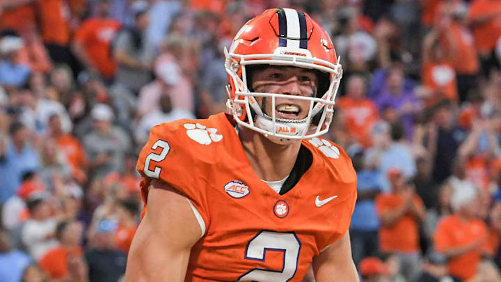 Nov 18, 2023; Clemson, South Carolina, USA; Clemson Tigers quarterback Cade Klubnik (2) celebrates with tight end Jake Briningstool (9) after scoring a touchdown against the North Carolina Tar Heels during the second quarter at Memorial Stadium