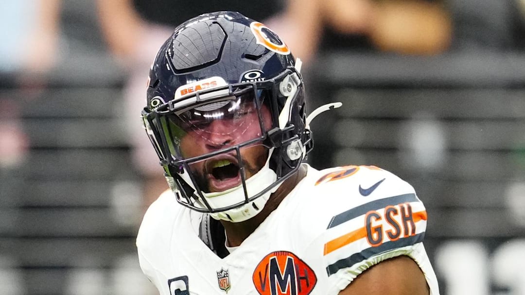 Sep 28, 2025; Paradise, Nevada, USA; Chicago Bears free safety Kevin Byard (31) reacts during the first quarter against Las Vegas Raiders at Allegiant Stadium. Mandatory Credit: Stephen R. Sylvanie-Imagn Images