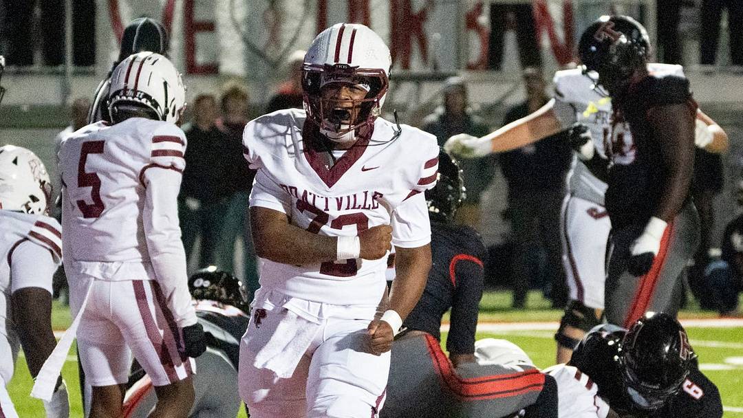 Prattville’s Herman Farris (72) celebrates a touchdown as Thompson takes on Prattville football at Thompson High School in Alabaster, Ala. on Friday, Oct. 16, 2026. Prattville upset Thompson 28-27.