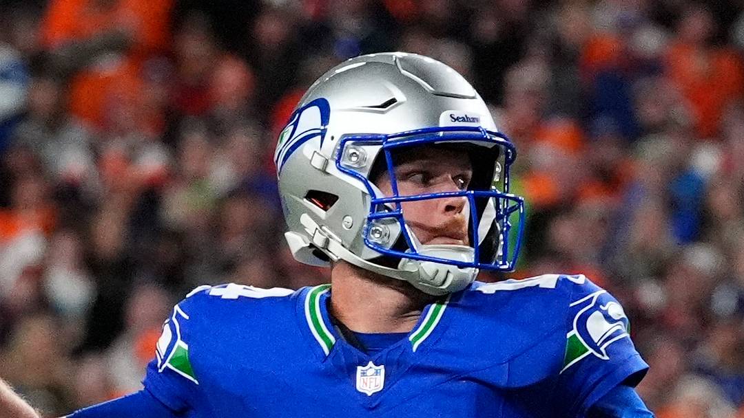 Seattle Seahawks quarterback Sam Darnold throws for a two point conversion.