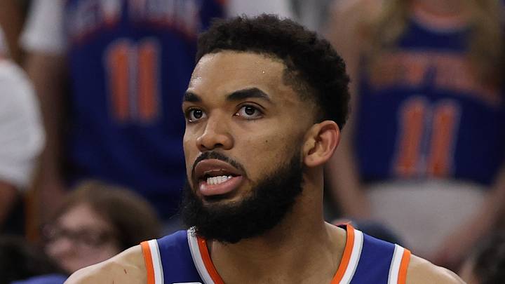 Jun 13, 2026; San Antonio, Texas, USA; New York Knicks center Karl-Anthony Towns (32) reacts after being called for a foul against the San Antonio Spurs during game five of the 2026 NBA Finals at Frost Bank Center. Mandatory Credit: Geoff Burke-Imagn Images