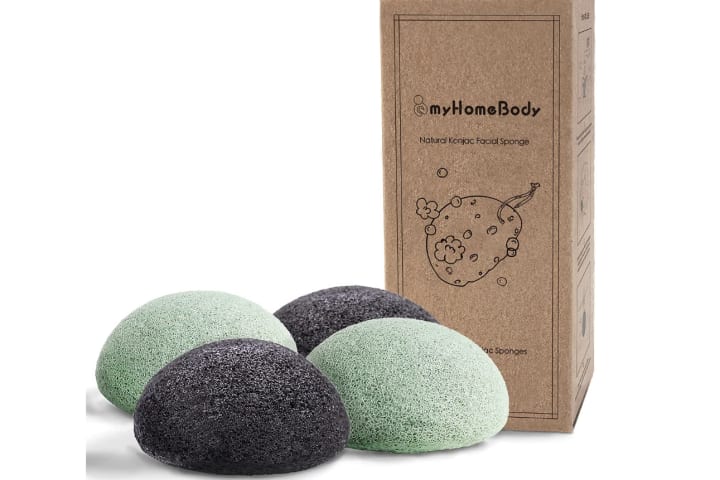 myHomebody Natural Konjac Facial Sponges, Pack of 4 against white background.