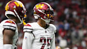 Oct 15, 2023; Atlanta, Georgia, USA; Washington Commanders cornerback Benjamin St-Juste (25) reacts after an interception against the Atlanta Falcons in the second half at Mercedes-Benz Stadium. Mandatory Credit: Brett Davis-Imagn Images