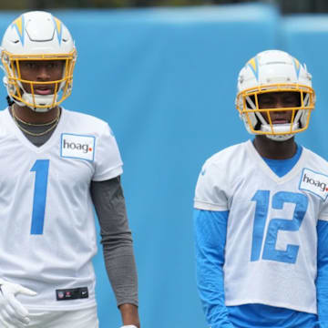 Quentin Johnston (left) and Derius Davis (right) on the Los Angeles Chargers