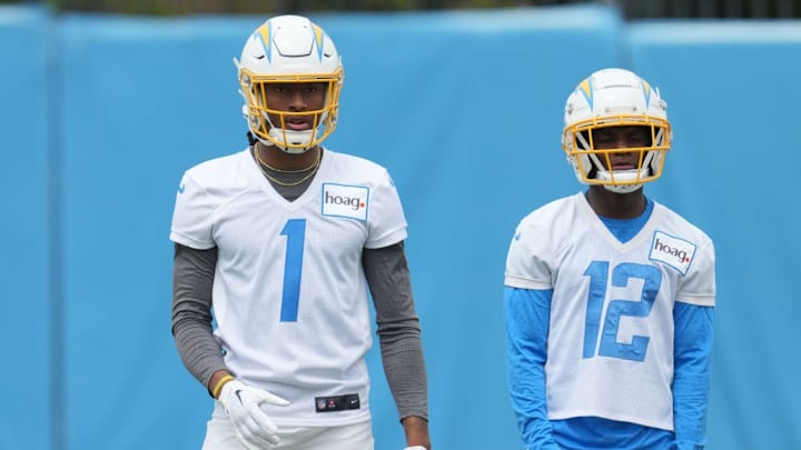 Quentin Johnston (left) and Derius Davis (right) on the Los Angeles Chargers