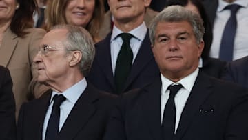 Florentino Pérez’s comments inspired a fierce response from Joan Laporta (right).