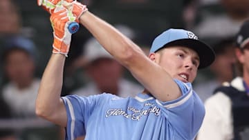 Jul 14, 2025; Atlanta, GA, USA; Argyle (Texas) High School player Grady Emerson during the 2025 High School Home Run Derby at Truist Park. Emerson is one of 88 players who will be vying for a spot on USA Baseball's final 20-man roster for the 18U National Team.