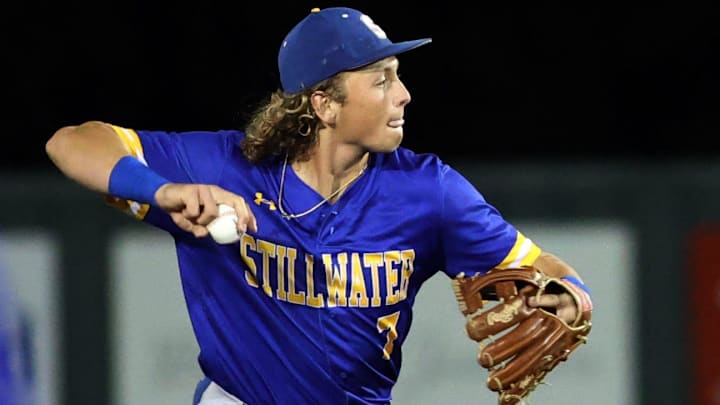 Ethan Holliday throws to first during the Class 6A State Baseball Tournament as Choctaw plays Stillwater on May 9, 2024; Norman, OK, [USA]; at Norman North HS.