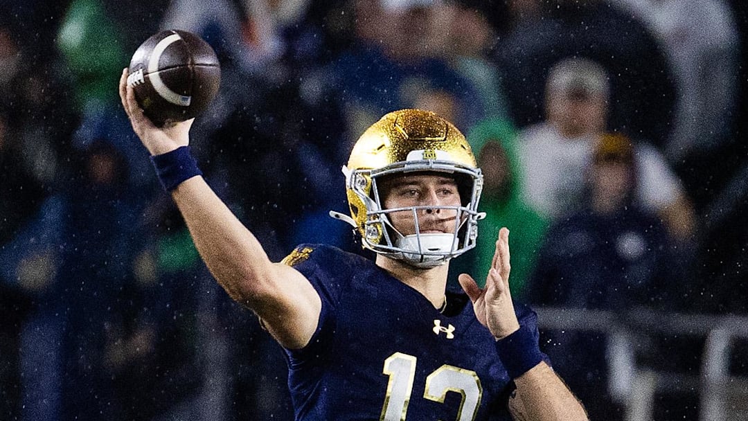 Oct 18, 2025; South Bend, Indiana, USA; Notre Dame Fighting Irish quarterback CJ Carr (13) drops back to pass the ball  in the second half against the Southern California Trojans at Notre Dame Stadium.