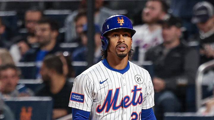 Sep 16, 2025; New York City, New York, USA; New York Mets shortstop Francisco Lindor (12) at bat during the second inning against the San Diego Padres at Citi Field. Mandatory Credit: Vincent Carchietta-Imagn Images