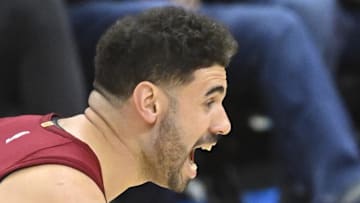 Georges Niang #20 of the Atlanta Hawks reacts during a game with the Cleveland Cavaliers.