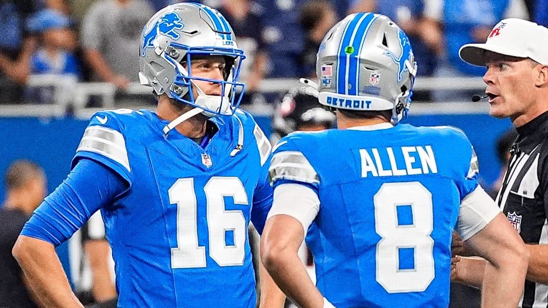 Detroit Lions quarterback Jared Goff (16) and quarterback Kyle Allen (8) talk to a referee ahead of the Houston Texans game at Ford Field in Detroit on Saturday, August 23, 2025.