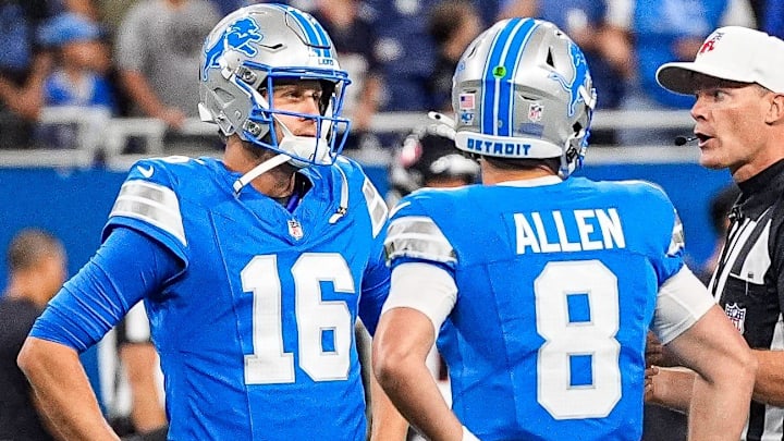Detroit Lions quarterback Jared Goff (16) and quarterback Kyle Allen (8) talk to a referee ahead of the Houston Texans game at Ford Field in Detroit on Saturday, August 23, 2025.