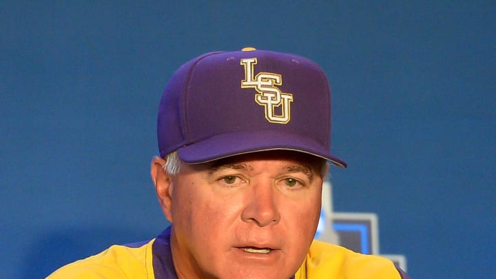 Jun 27, 2017; Omaha, NE, USA; LSU Tigers head coach Paul Mainieri (1) answers questions after the loss against the Florida Gators in game two of the championship series of the 2017 College World Series at TD Ameritrade Park Omaha. Mandatory Credit: Steven Branscombe-USA TODAY Sports