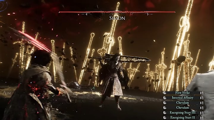 Simon, a tall man with grey skin holding a large sword over his shoulder in a field of giant glowing swords.