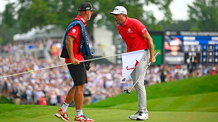 Bradley let loose after burying the winning putt. Bradley let loose after burying the winning putt.