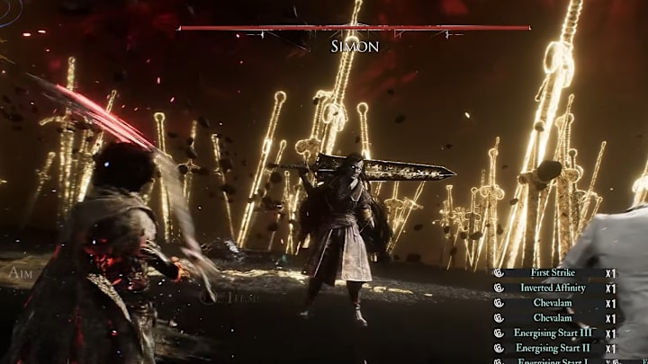 Simon, a tall man with grey skin holding a large sword over his shoulder in a field of giant glowing swords.