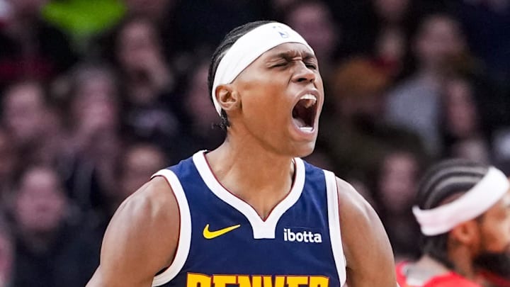 Dec 31, 2025; Toronto, Ontario, CAN; Denver Nuggets guard Peyton Watson (8) celebrates after scoring against the Toronto Raptors during the first half at Scotiabank Arena. Mandatory Credit: Kevin Sousa-Imagn Images