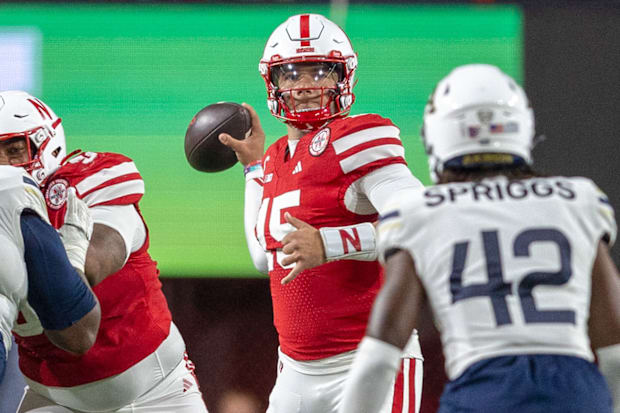 Nebraska quarterback Dylan Raiola prepares to fire a pass against Akron.